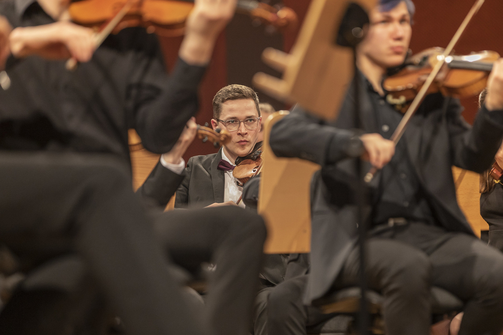 A close-up of a violinist