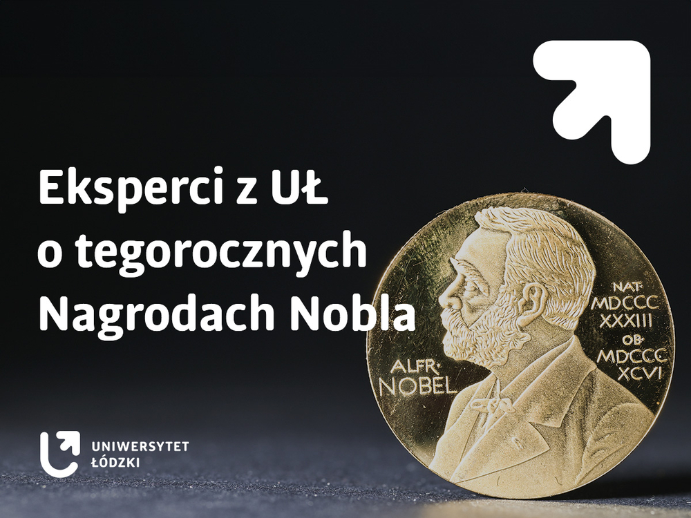 Banner with a medal, Alfred Nobel's image and the title of the article