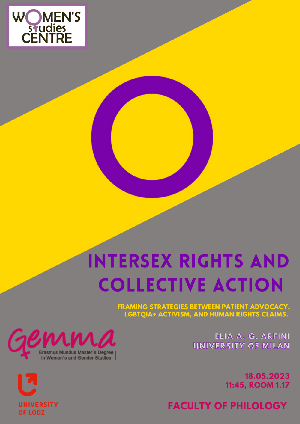 Poster with intersex rights flag. A purple cicrcle on a yellow background.